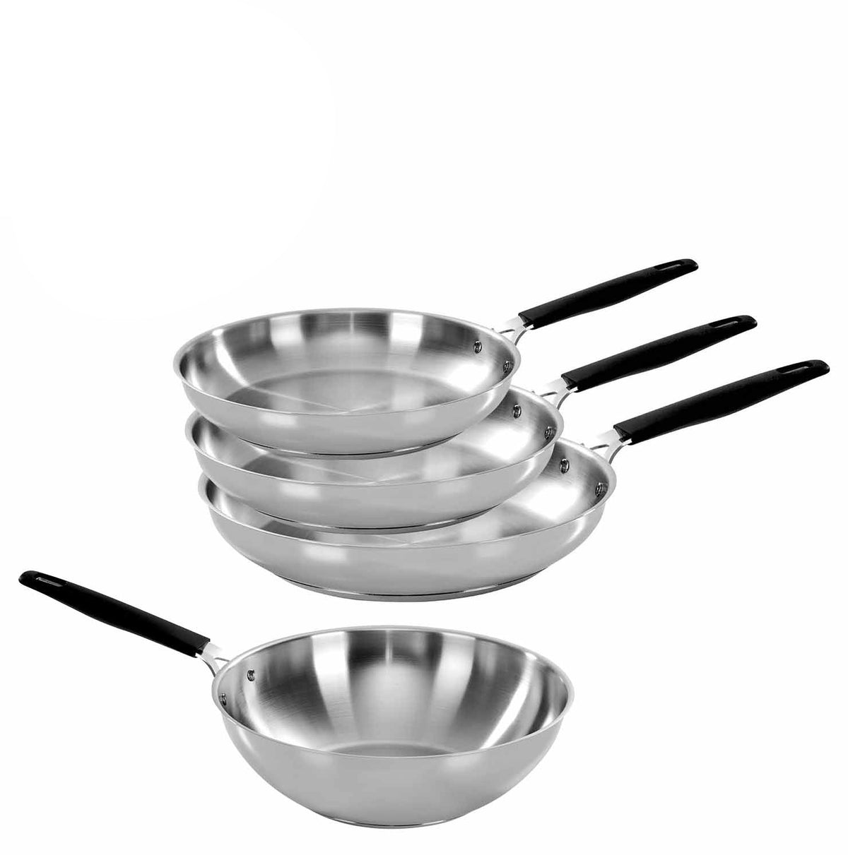 Set 4 pezzi acciaio inox - padelle cm 20-24-28 + Wok